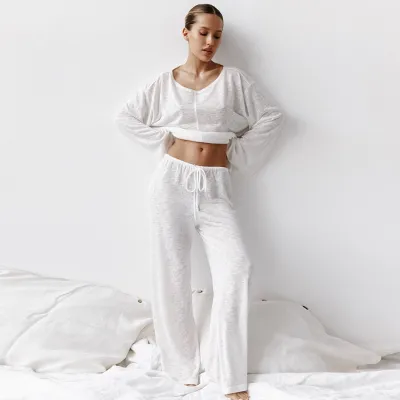 Women Fashion Sexy Solid Color Long Sleeve Sweatshirt Loose Pants Pajamas Two-Piece Set