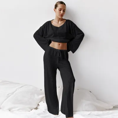 Women Fashion Sexy Solid Color Long Sleeve Sweatshirt Loose Pants Pajamas Two-Piece Set