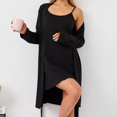Women Fashion Simple Autumn Solid Color Long-Sleeve Nightgown Spaghetti Strap Dress Two-Piece Set