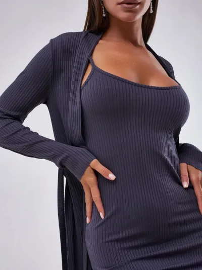 Women Fashion Simple Autumn Solid Color Long-Sleeve Nightgown Spaghetti Strap Dress Two-Piece Set