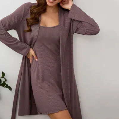 Women Fashion Simple Autumn Solid Color Long-Sleeve Nightgown Spaghetti Strap Dress Two-Piece Set