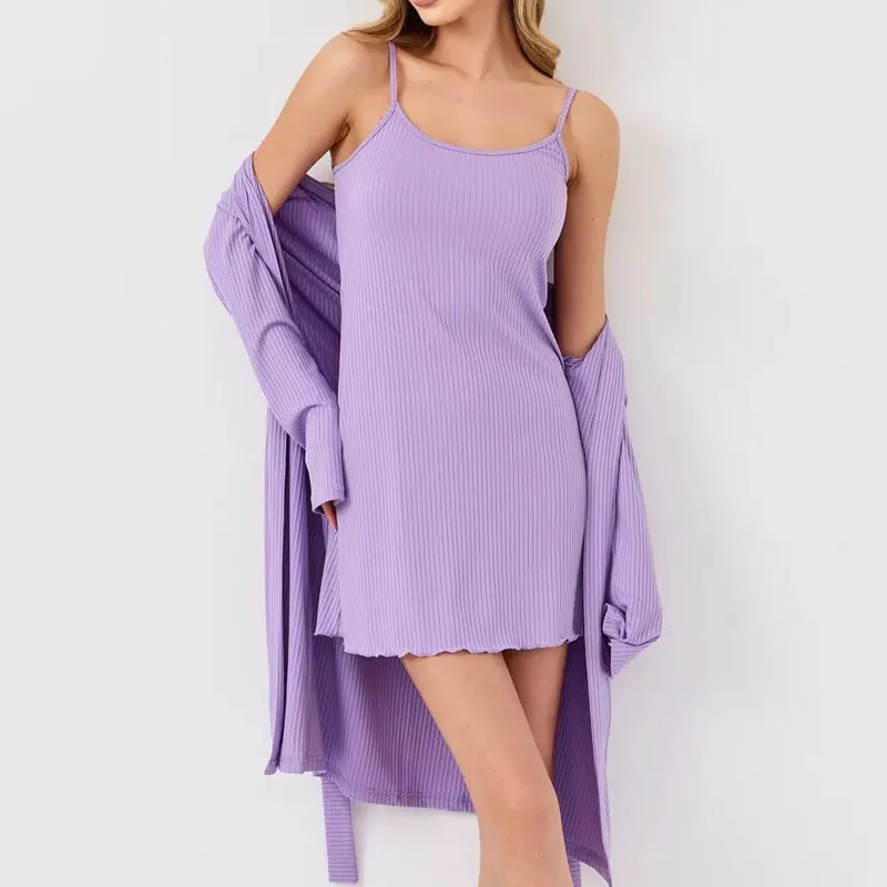 Women Fashion Simple Autumn Solid Color Long-Sleeve Nightgown Spaghetti Strap Dress Two-Piece Set