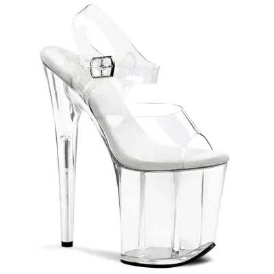 Women Fashion Sexy Solid Color 20cm Peep-Toe Buckle Strap Transparent Super High Heels Pole Dancing Shoes