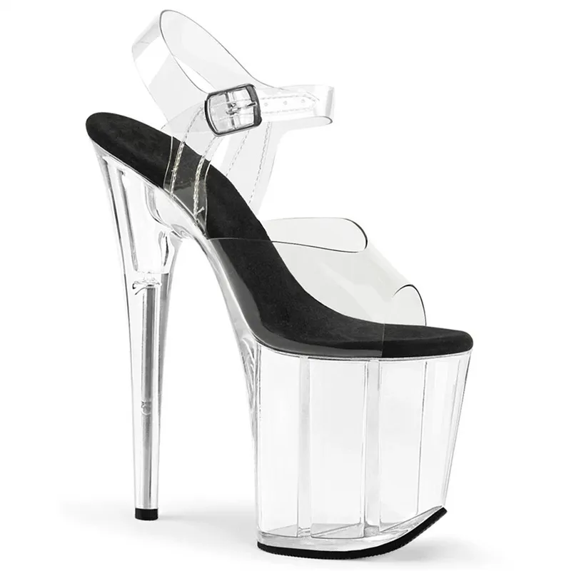 Women Fashion Sexy Solid Color 20cm Peep-Toe Buckle Strap Transparent Super High Heels Pole Dancing Shoes
