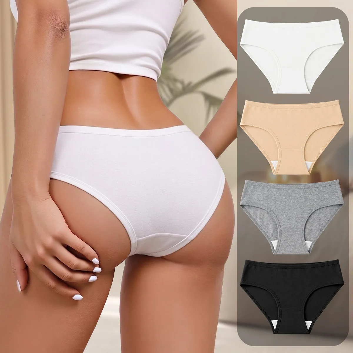 Women Fashion Solid Color Simple Low Waist Cotton High Elastic Breathable Underpants