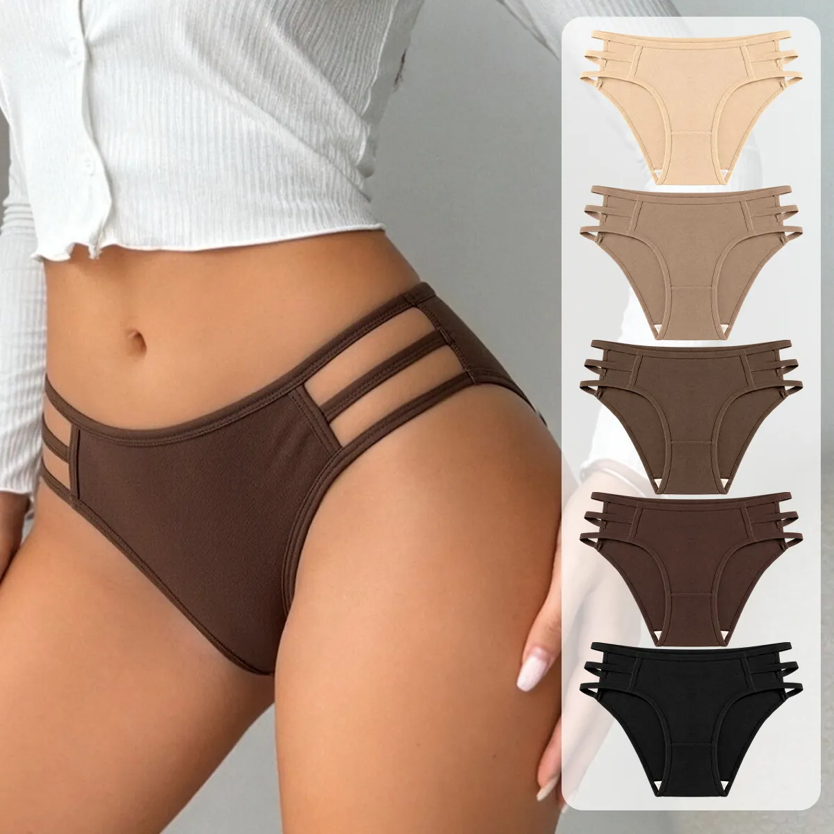 Women Fashion Solid Color Low Waist Hollow High Elastic Underpants