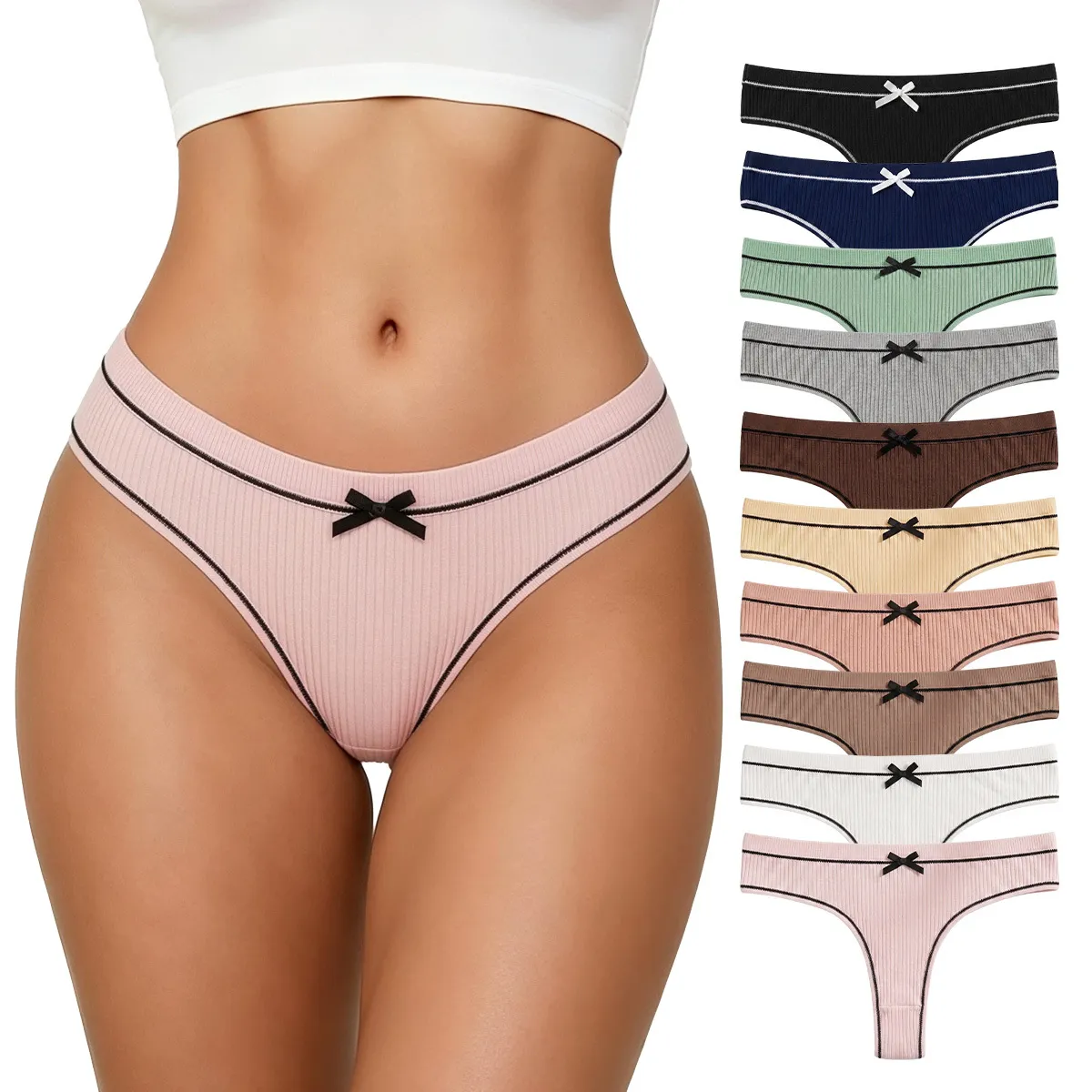 Women Fashion Sexy Rib Bow Breathable Thong