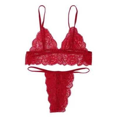 Women Fashion Solid Color Lace Perspective Sexy Lingerie Set