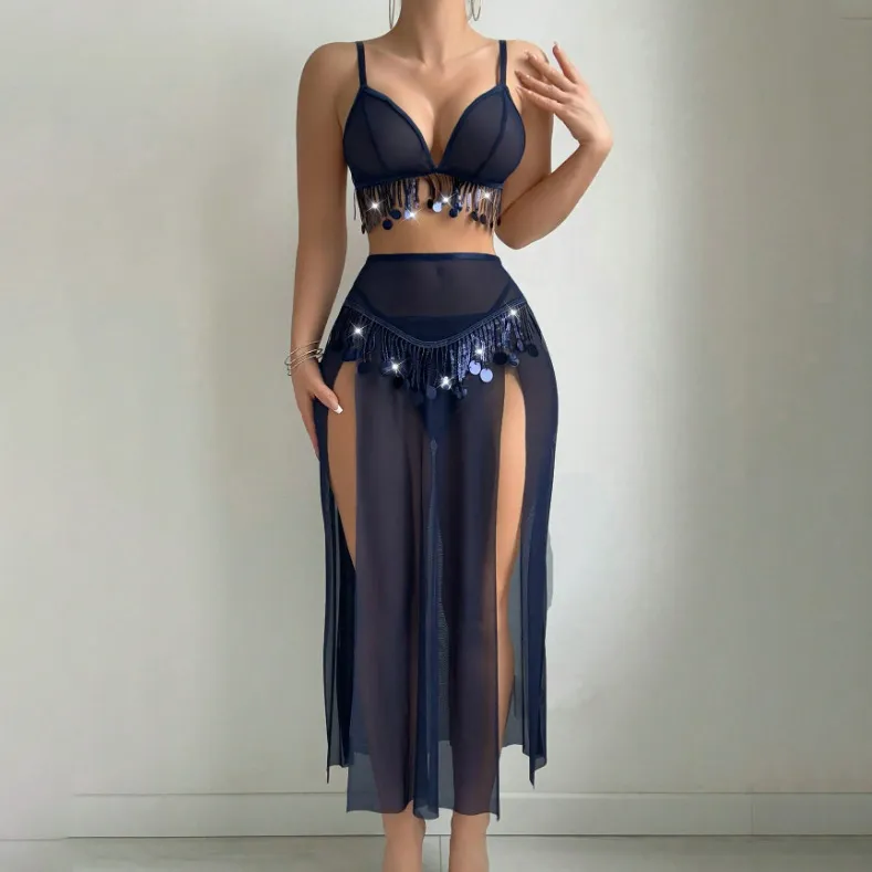Women Fashion Solid Color Mesh Perspective Tassel Sexy Lingerie Set