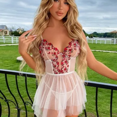 Women Fashion Mesh Perspective Flower Sexy Lingerie Set