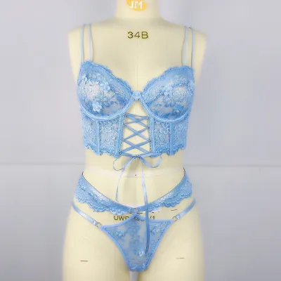 Women Fashion Solid Color Lace Perspective Floral Strap Steel Brace Sexy Lingerie Set
