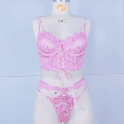 Women Fashion Solid Color Lace Perspective Floral Strap Steel Brace Sexy Lingerie Set