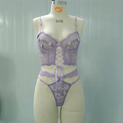 Women Fashion Solid Color Lace Perspective Floral Strap Steel Brace Sexy Lingerie Set