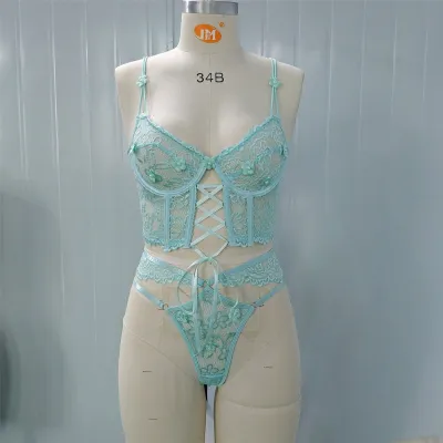 Women Fashion Solid Color Lace Perspective Floral Strap Steel Brace Sexy Lingerie Set