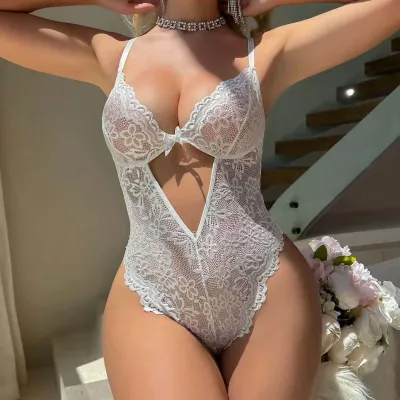 Women Fashion Solid Color Lace Perspective Crotch-Free One-Piece Sexy Lingerie