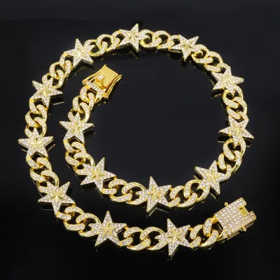 Men'S Fashion Hip Hop Cuban Chain Five-Pointed Star Full Diamond Alloy Bracelet