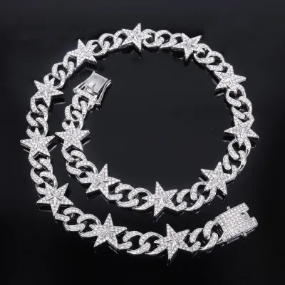 Men'S Fashion Hip Hop Cuban Chain Five-Pointed Star Full Diamond Alloy Bracelet