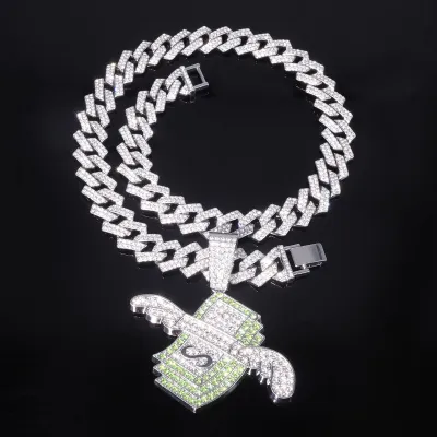 Men'S Fashion Hip-Hop Full Diamond Wings Dollar Pendant Cuban Chain Necklace