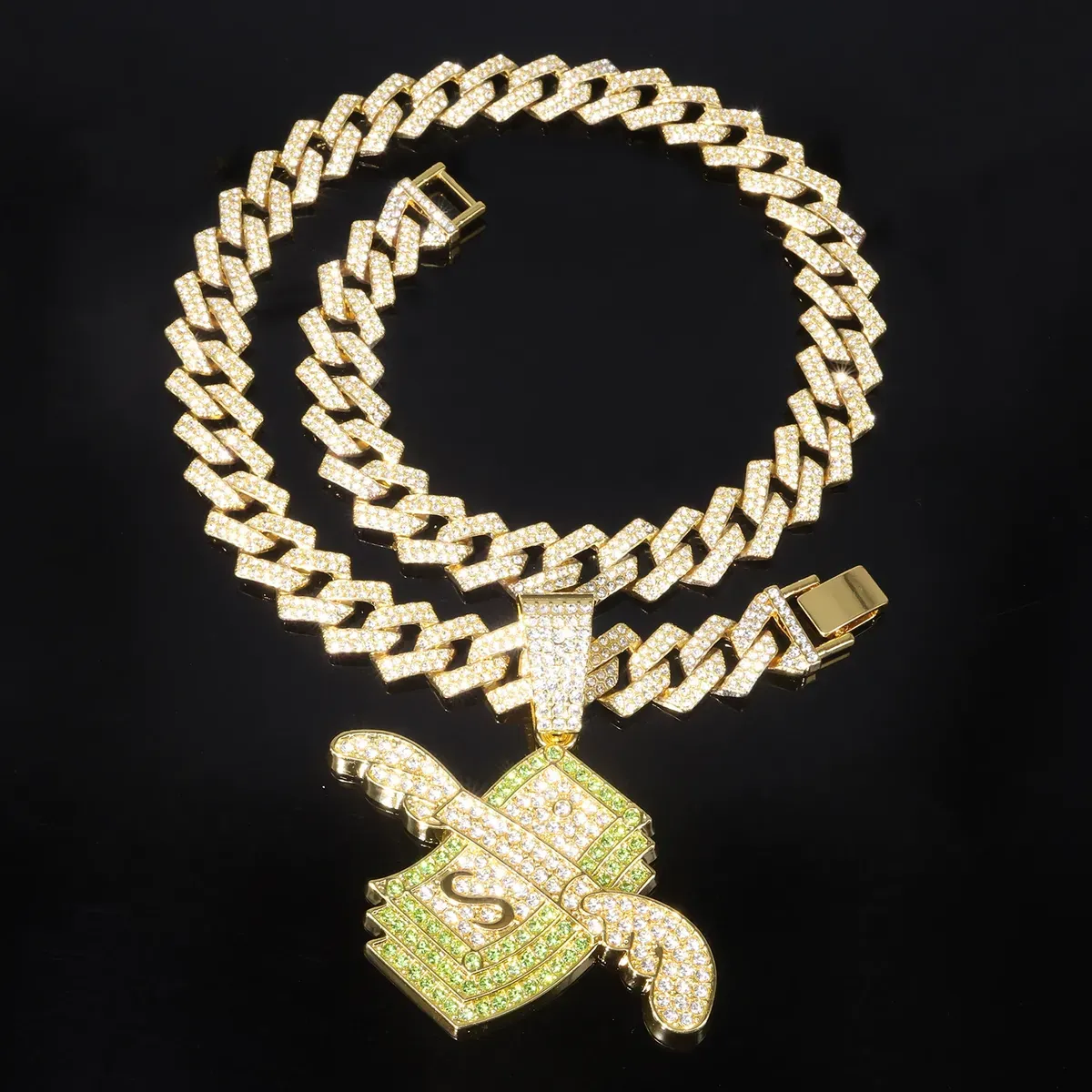 Men'S Fashion Hip-Hop Full Diamond Wings Dollar Pendant Cuban Chain Necklace