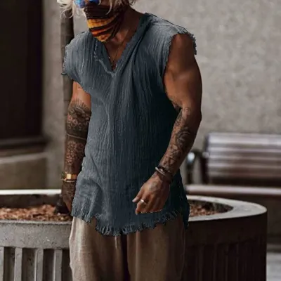 Men'S Fashion Casual Summer Solid Color Cotton Linen Sleeveless Tank Top