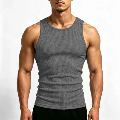 Men'S Fashion Casual Summer Solid Color Threaded High Elastic Quick-Dry Tank Top