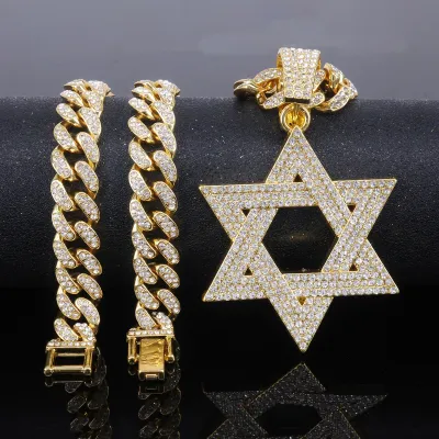 Men Fashion Hip Hop Full Diamond Hollow Hexagram Star Pendant Cuban Chain Necklace