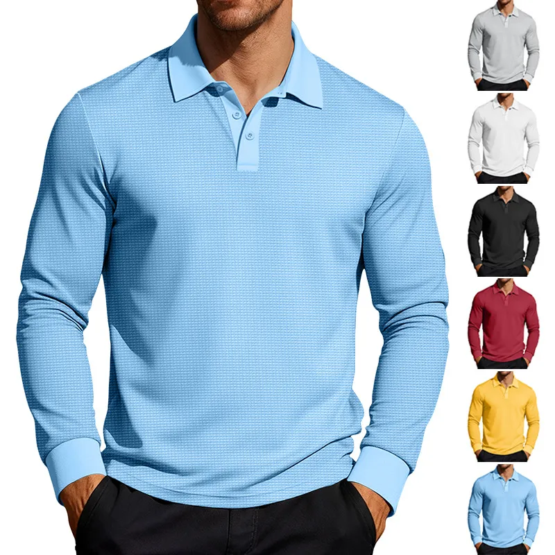 Men Fashion Casual Solid Color Waffle Lapel Button Long Sleeve Polo Shirt