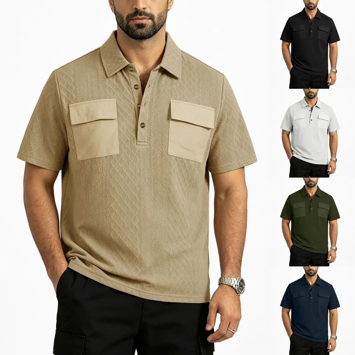Men'S Fashion Casual Summer Solid Color Double Pocket Button Jacquard Short-Sleeve Polo Shirt