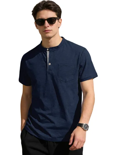Men'S Fashion Casual Summer Solid Color Short Sleeve Button Stand Collar Shirt
