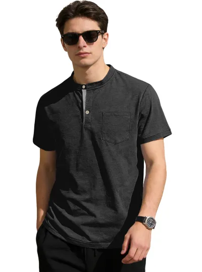 Men'S Fashion Casual Summer Solid Color Short Sleeve Button Stand Collar Shirt