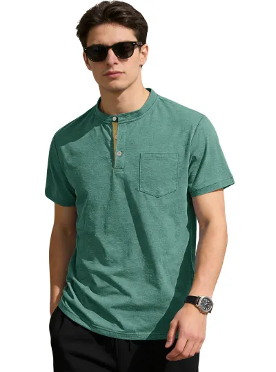 Men'S Fashion Casual Summer Solid Color Short Sleeve Button Stand Collar Shirt