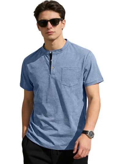 Men'S Fashion Casual Summer Solid Color Short Sleeve Button Stand Collar Shirt