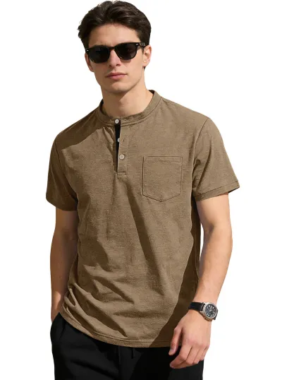 Men'S Fashion Casual Summer Solid Color Short Sleeve Button Stand Collar Shirt