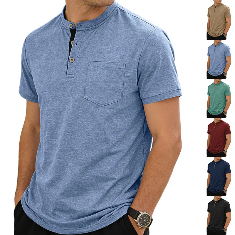 Men'S Fashion Casual Summer Solid Color Short Sleeve Button Stand Collar Shirt
