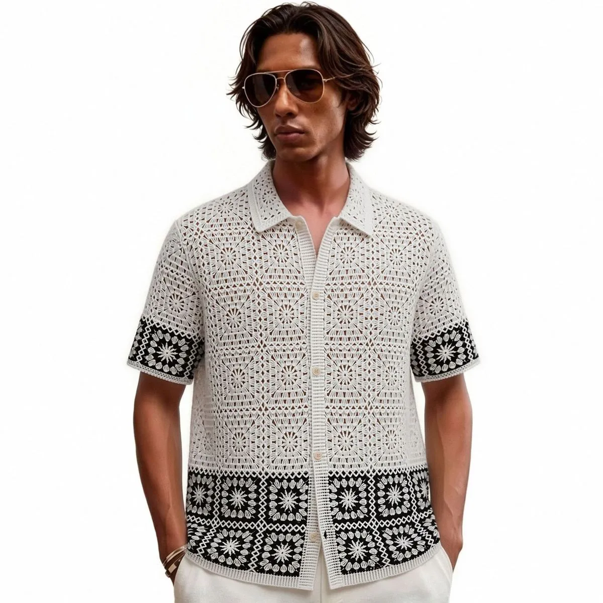 Men'S Fashion Casual Black White Plaid Contrast Short Sleeve Polo Shirt