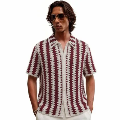Men'S Fashion Casual Summer Red And White Stripe Crochet Lapel Short-Sleeve Polo Shirt