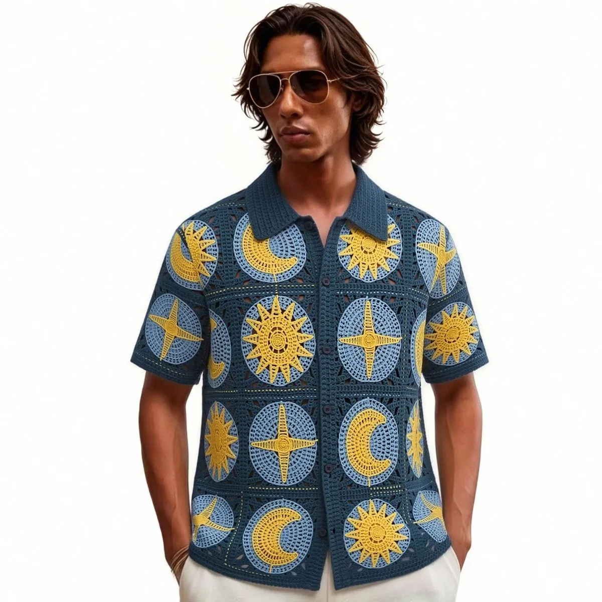 Men'S Fashion Casual Summer Jacquard Hollow Lapel Short-Sleeve Polo Shirt