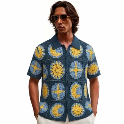 Men'S Fashion Casual Summer Jacquard Hollow Lapel Short-Sleeve Polo Shirt