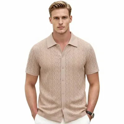 Men'S Fashion Casual Solid Color Wave Jacquard Lapel Short Sleeve Polo Shirt