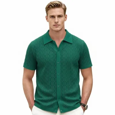 Men'S Fashion Casual Solid Color Wave Jacquard Lapel Short Sleeve Polo Shirt