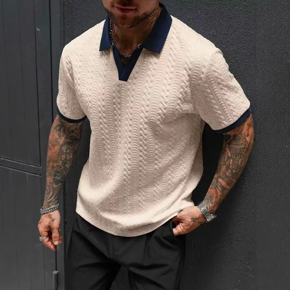 Men'S Fashion Casual Summer Jacquard Lapel Short-Sleeve Polo Shirt