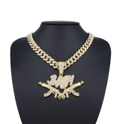 Men Fashion Hip Hop Men Women Double Gun Baby Alloy Diamond Pendant Cuban Chain Necklace