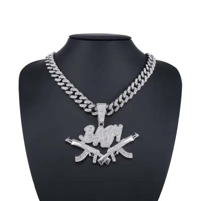 Men Fashion Hip Hop Men Women Double Gun Baby Alloy Diamond Pendant Cuban Chain Necklace