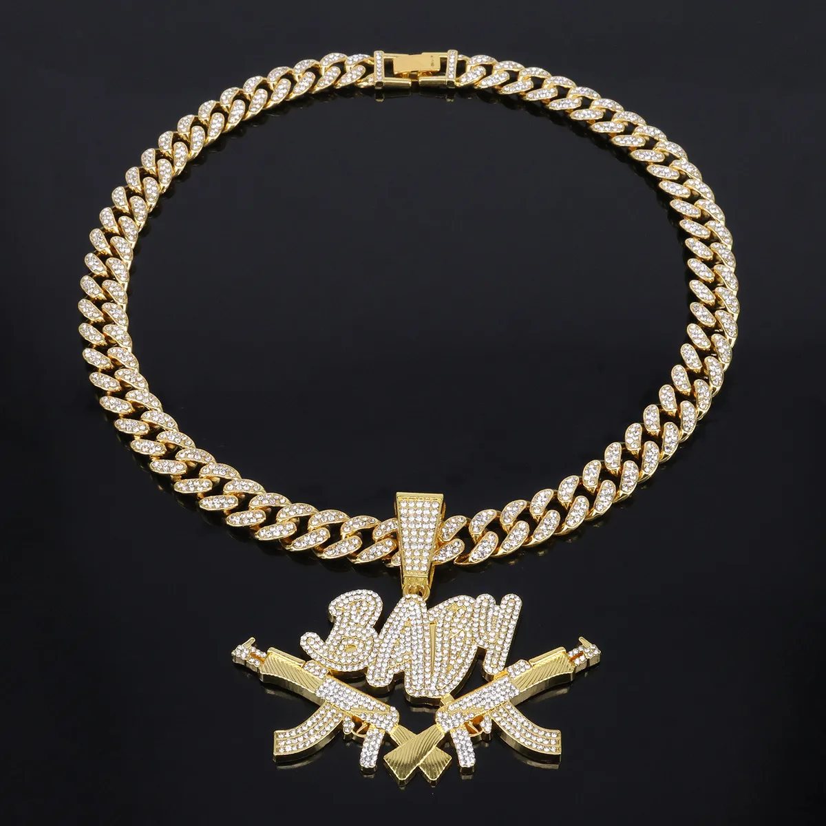Men Fashion Hip Hop Men Women Double Gun Baby Alloy Diamond Pendant Cuban Chain Necklace