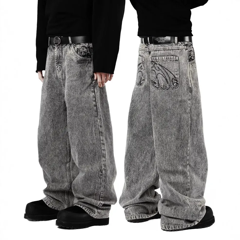 Men Fashion Casual Hip Hop Embroidered Washed Loose Wide Leg Jeans