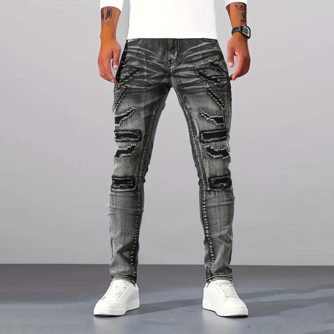 Men'S Fashion Silver Grey Elastic Ripped Skinny Jeans
