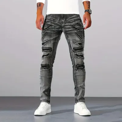 Men'S Fashion Silver Grey Elastic Ripped Skinny Jeans