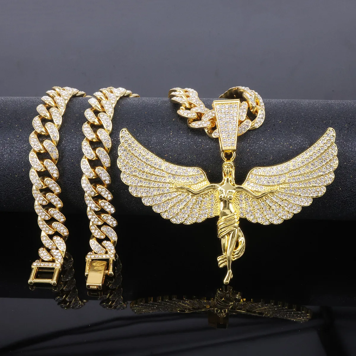 Men Fashion Hip Hop Cuban Chaine Archangel Wings Diamond Pendant Necklace