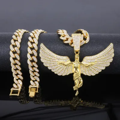 Men Fashion Hip Hop Cuban Chaine Archangel Wings Diamond Pendant Necklace