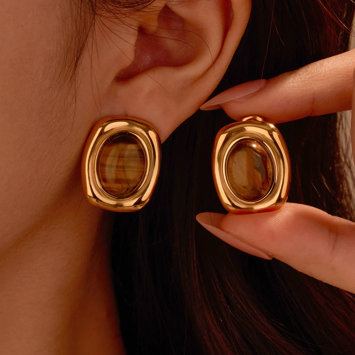 Women Fashion Retro Tiger Eye Stone Oval Earrings